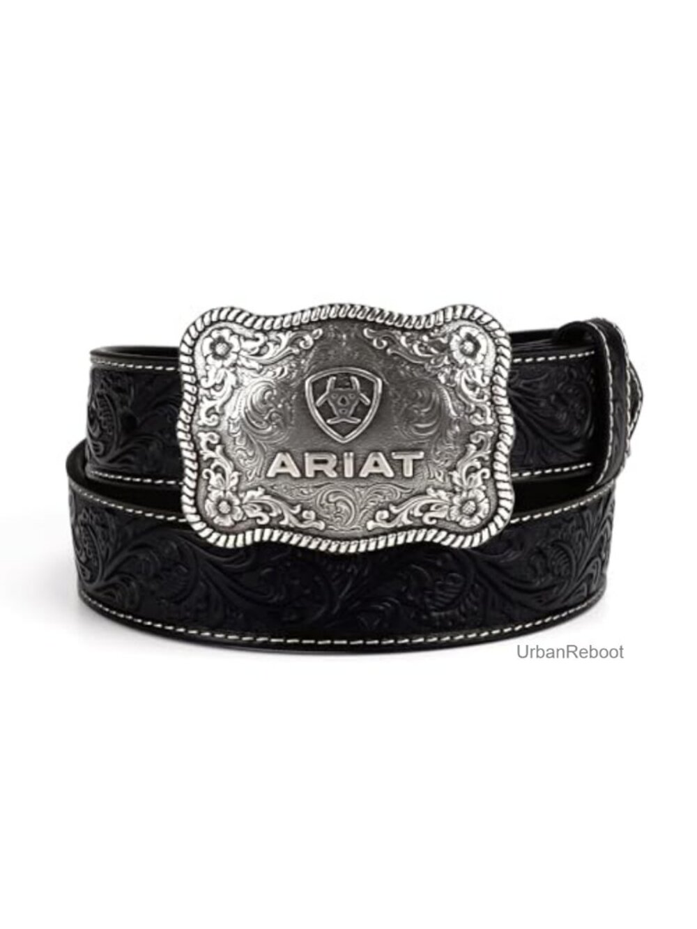 Men's Floral Embossed Leather Western Belt Silver Buckle